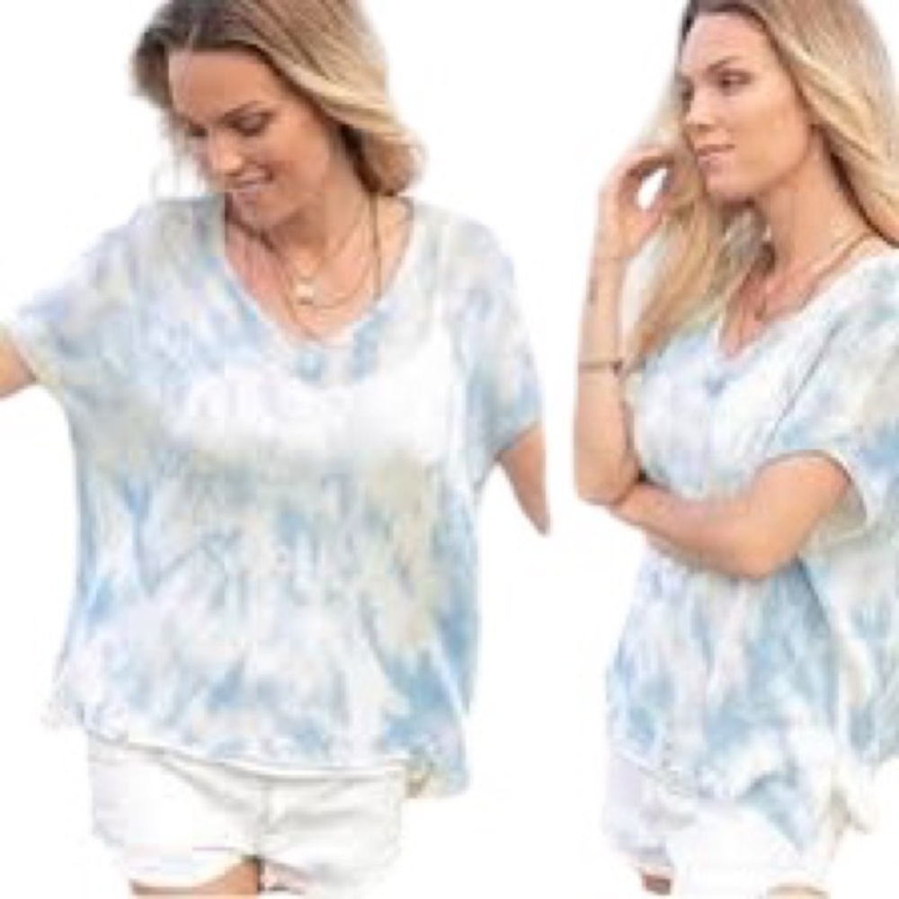 Wooden Ships Blue & White Tie Dye Printed Oversized Short Sleeve Knit Sweater XS